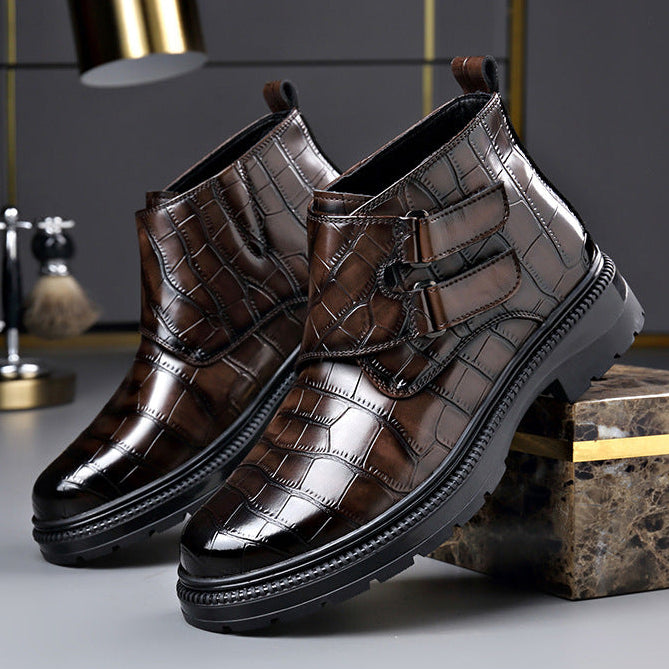 Brown croc-embossed lug sole ankle boots for women, side view