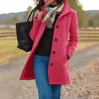 Pink button front long coat for women, front view