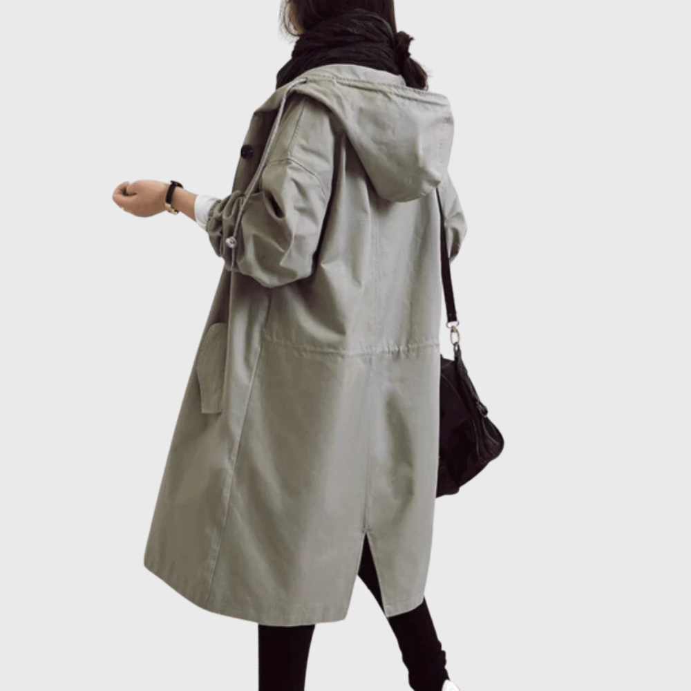 Waterproof trench coat for women, close view of the adjustable waist belt