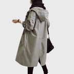 Waterproof trench coat for women, close view of the adjustable waist belt