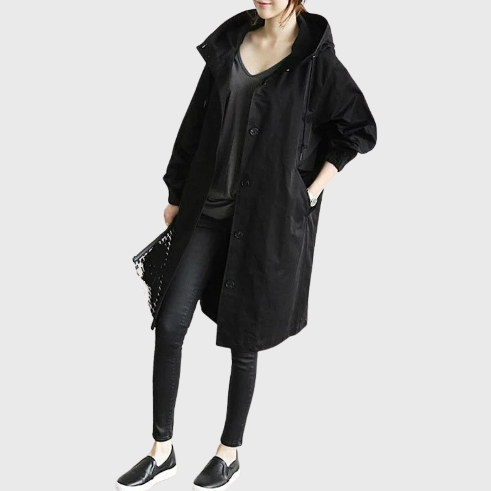 Black waterproof trench coat for women, front view