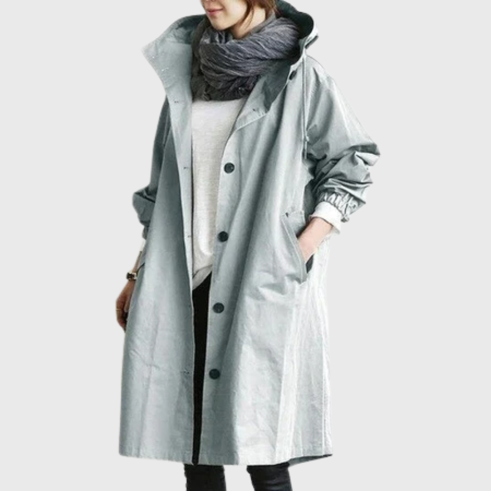 Light blue waterproof trench coat for women, front view
