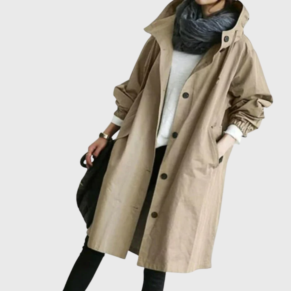 Brown waterproof trench coat for women, front view