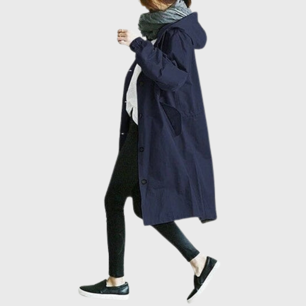 Blue waterproof trench coat for women, front view