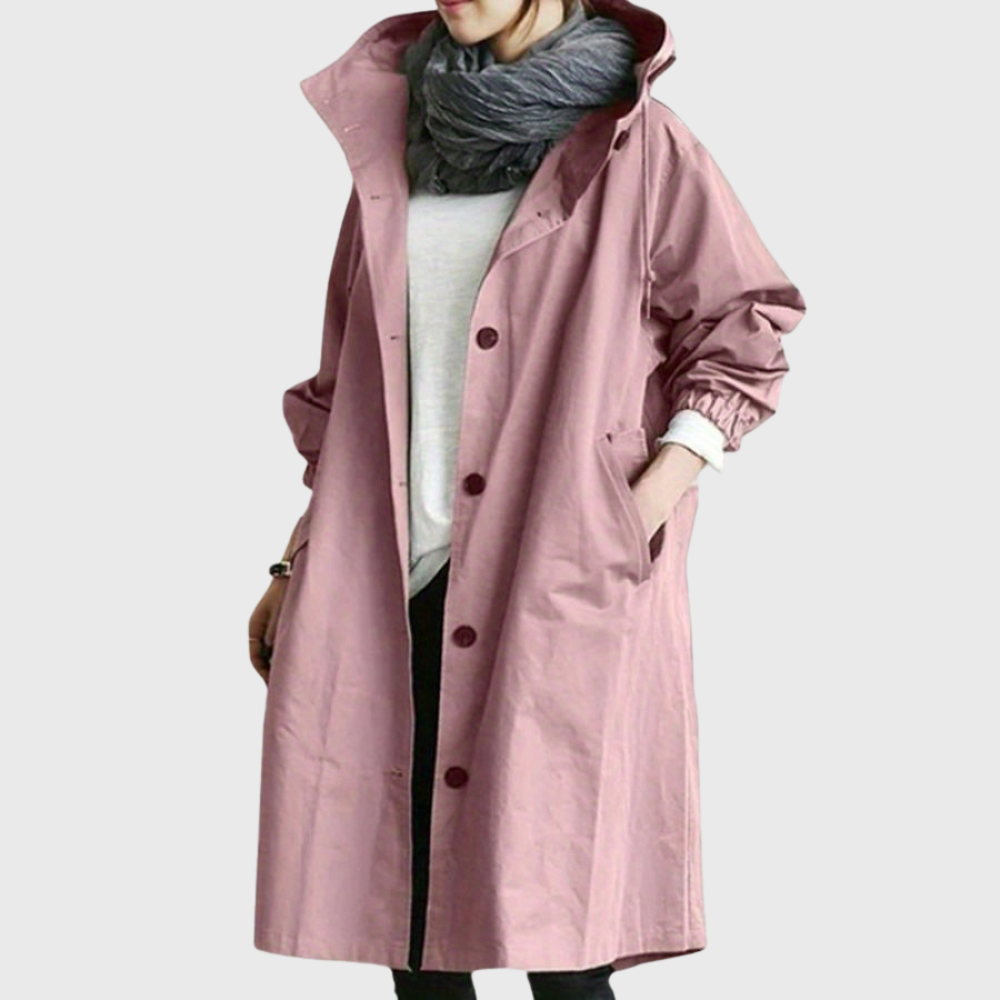 Pink waterproof trench coat for women, front view