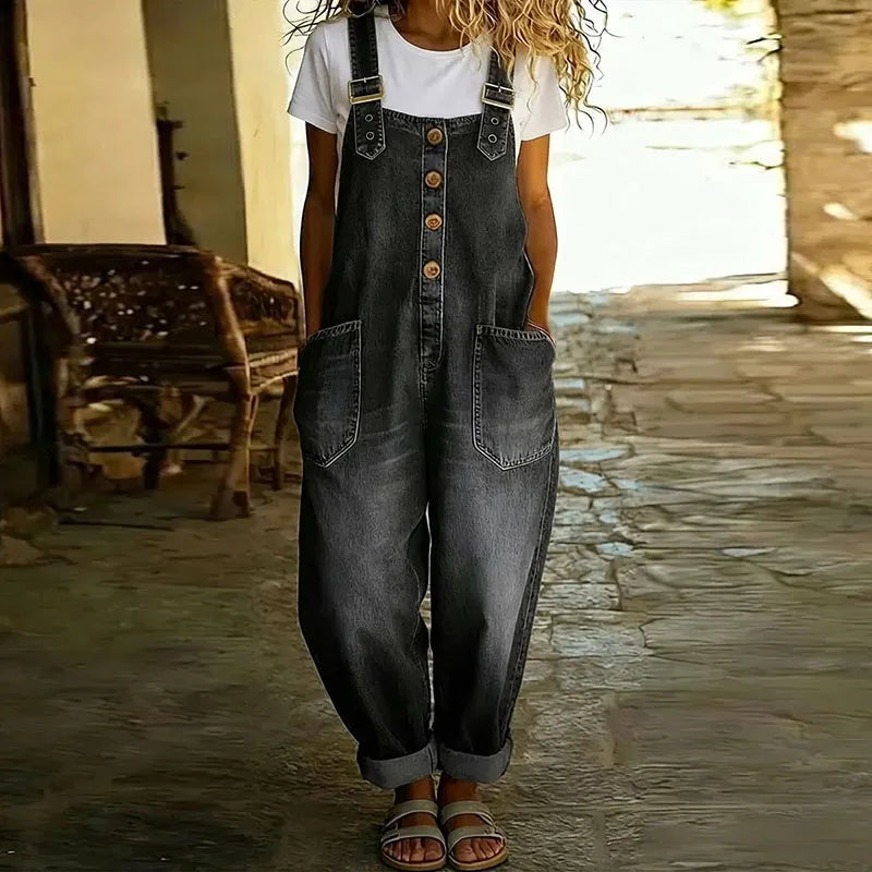 Black denim-look overalls for women, front view
