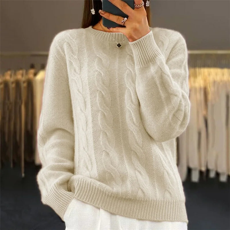 Women's cashmere sweater in Beige, front view
