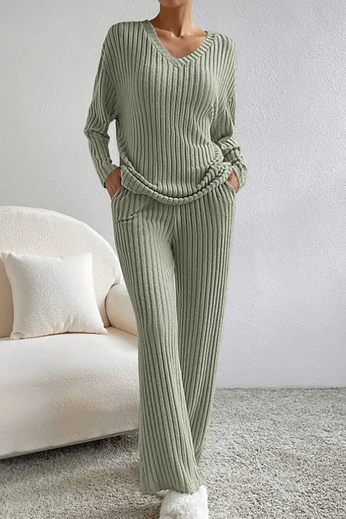 Ribbed Knit Matching Set for Women in Olive Green