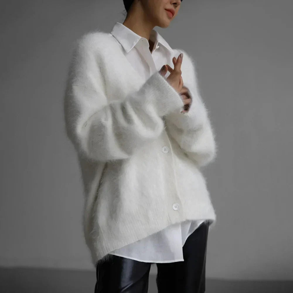 White oversized angora cardigan sweater for women, front view