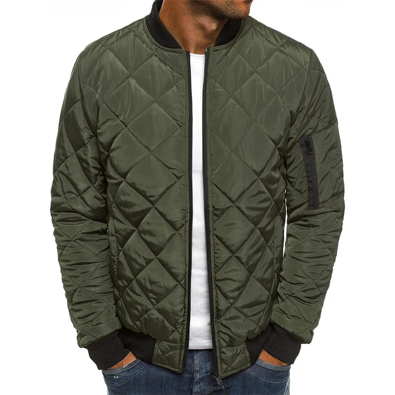 Dark green diamond quilted jacket for men, front view