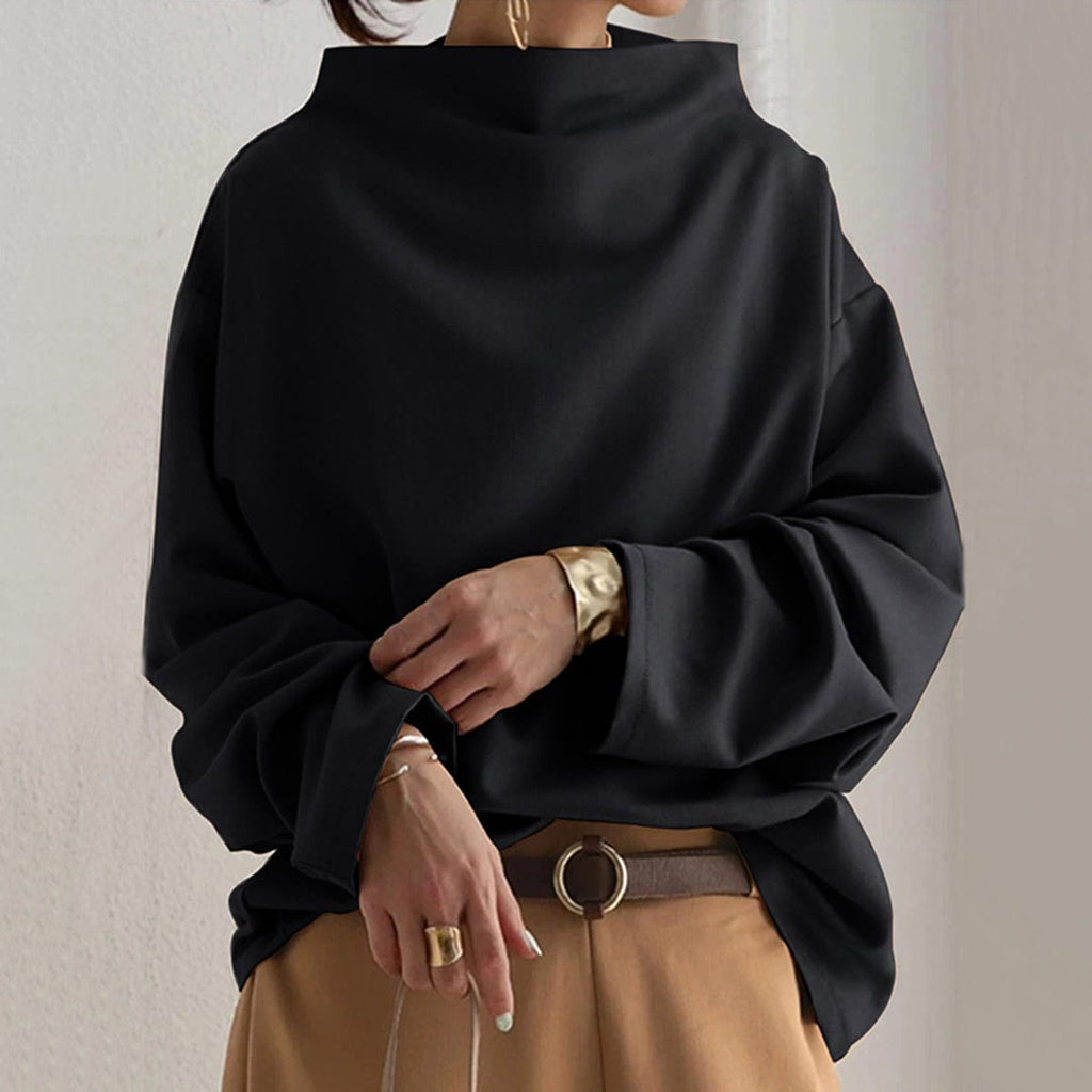 Black high neck knit top for women, front view of the relaxed fit
