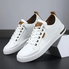 Men's two-tone leather sneakers in white and brown, side view