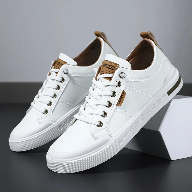 Men's two-tone leather sneakers in white and brown, side view