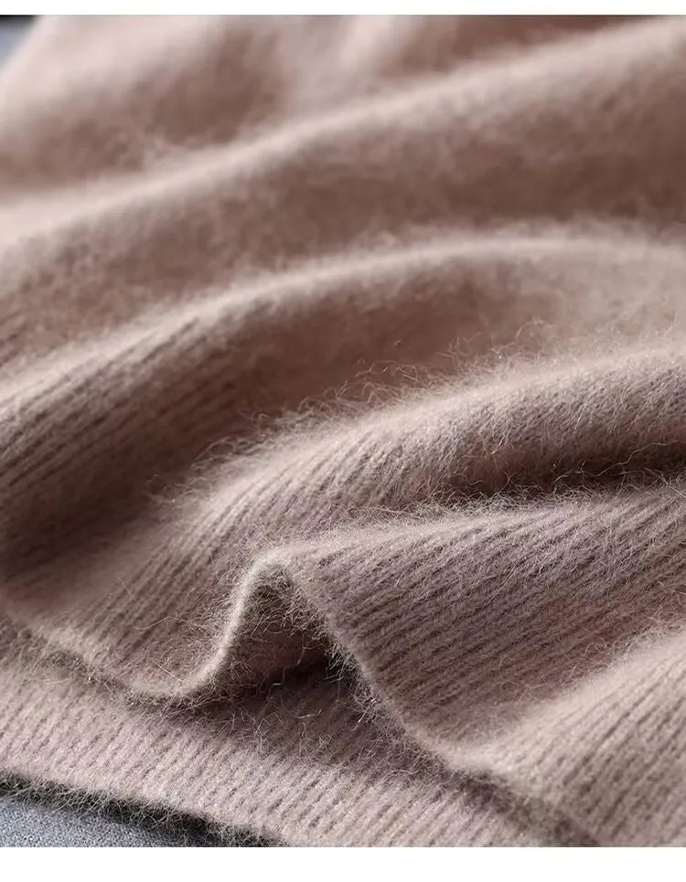Close view of the fine lightweight cashmere knit and neckline