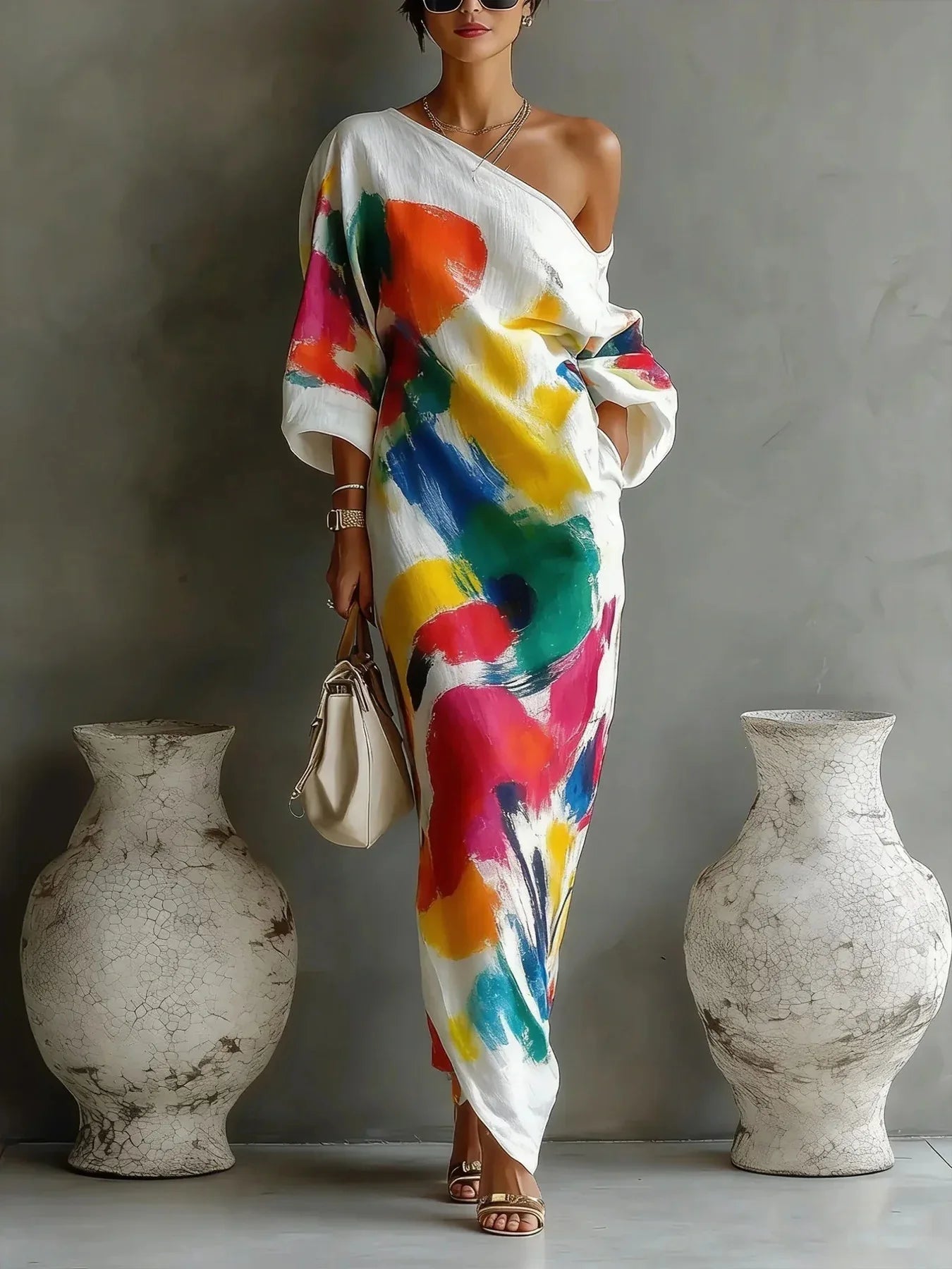 Boho Maxi Dress for Women in white — one shoulder kaftan with brushstroke print, full length