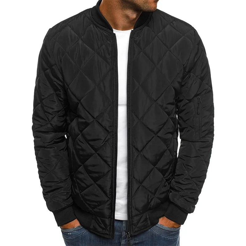 Black diamond quilted jacket for men, front view