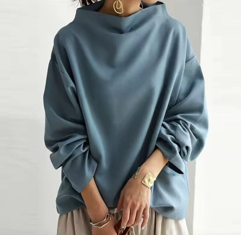Blue high neck knit top for women, front view