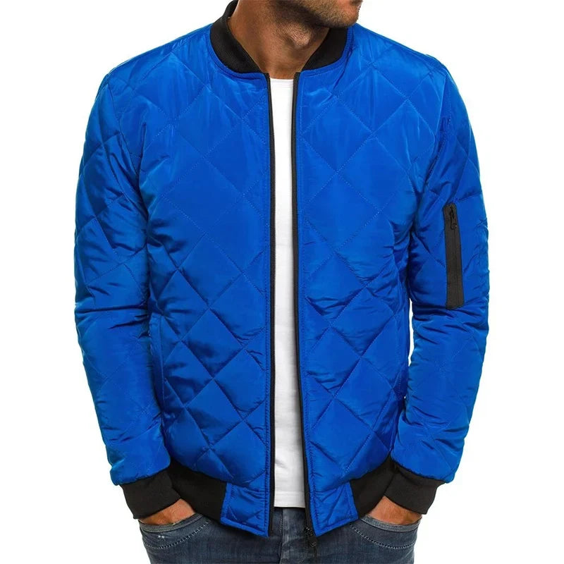 Blue diamond quilted jacket for men, front view
