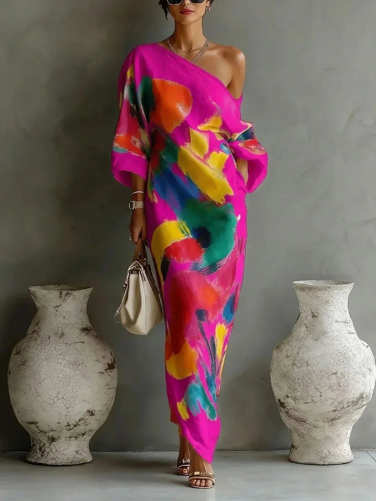 Boho Maxi Dress for Women in pink — brushstroke print kaftan dress with side pockets