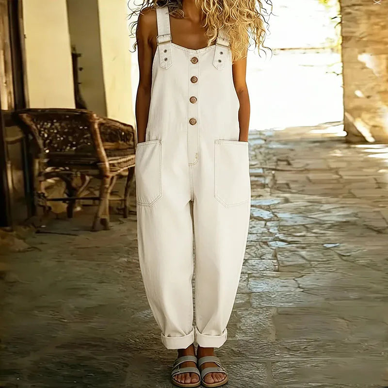 White denim-look overalls for women, front view