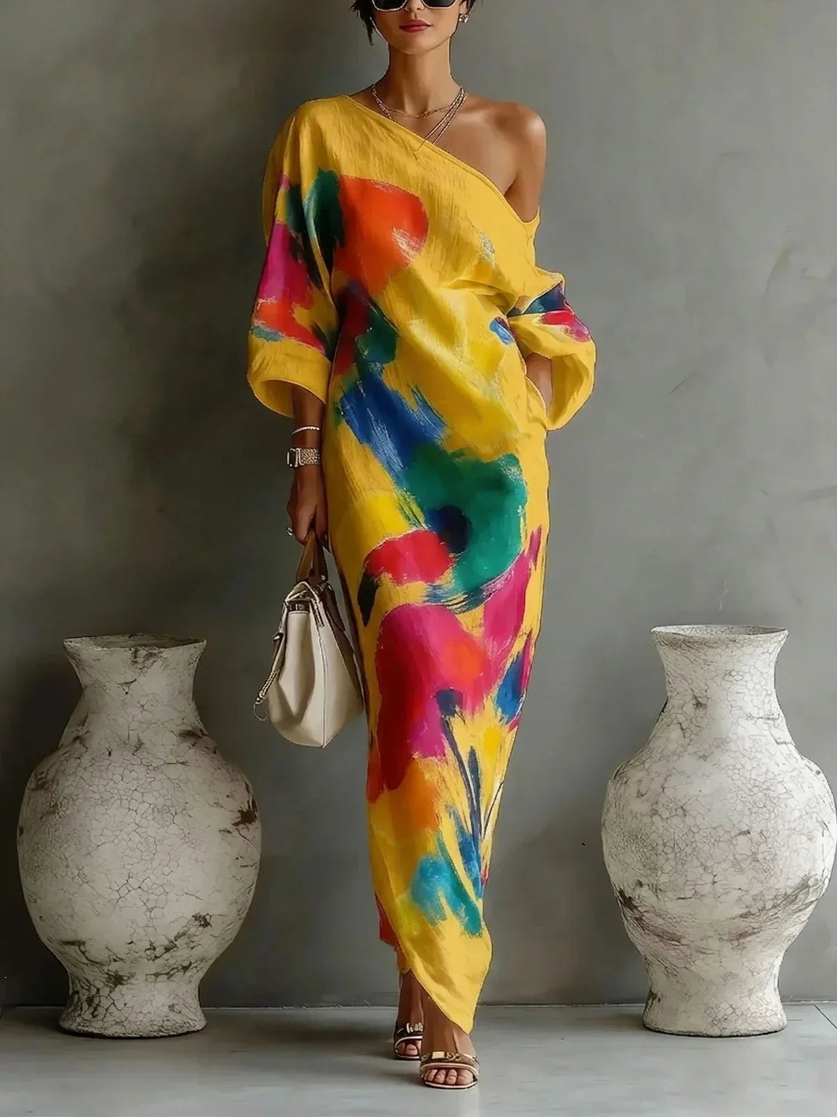 Boho Maxi Dress for Women in yellow — one shoulder maxi kaftan, full length