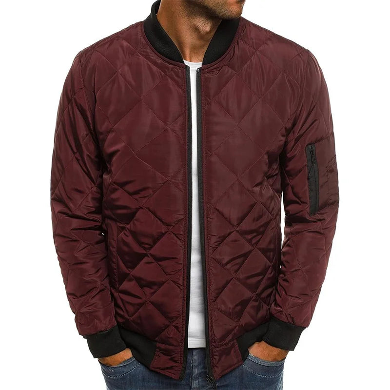 Burgundy diamond quilted jacket for men, front view