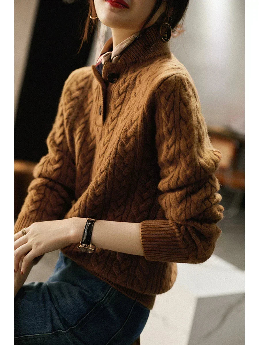Close view of the cashmere-blend rope cable knit texture