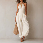White halter neck wide leg jumpsuit for women, full-length front view