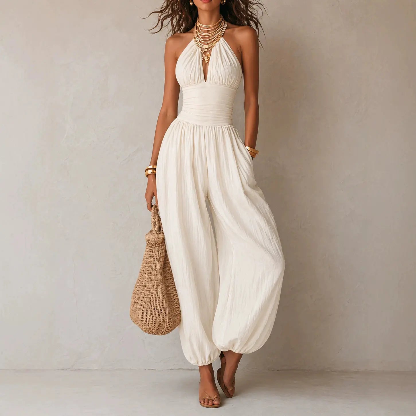 White halter neck wide leg jumpsuit for women, full-length front view