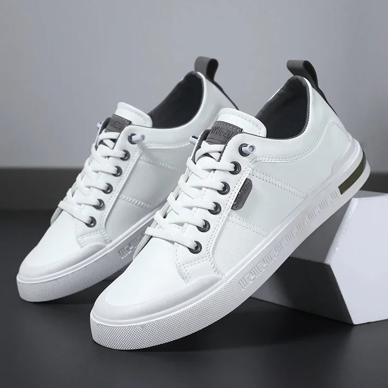 Men's two-tone leather sneakers in white and gray, side view