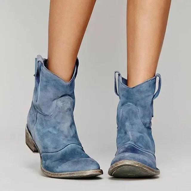 Blue suede ankle boots with a low block heel