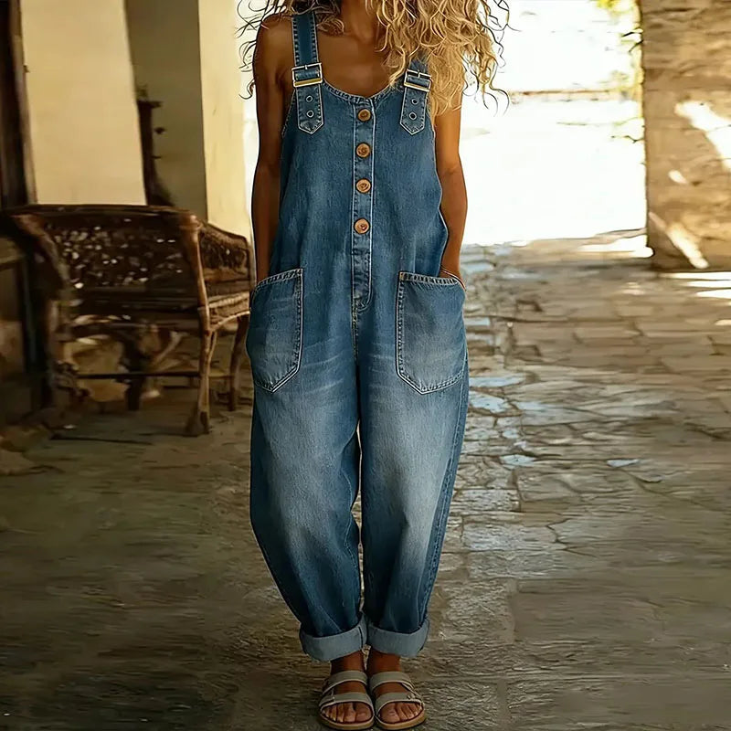 Blue denim-look overalls for women, front view of the bib and full-length leg