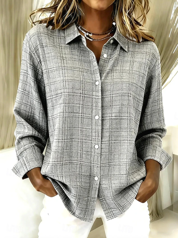 Plaid Button Up Shirt for Women in Gray