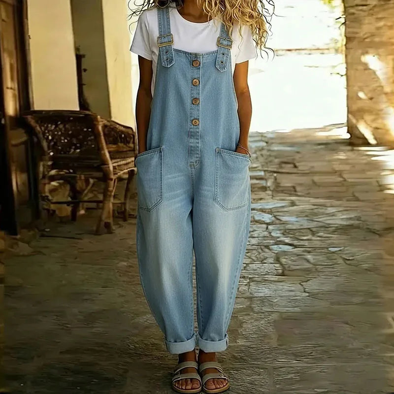 Light blue denim-look overalls for women, front view with adjustable straps