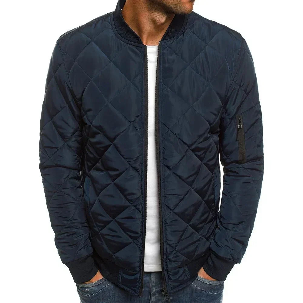 Navy blue diamond quilted jacket for men, front view