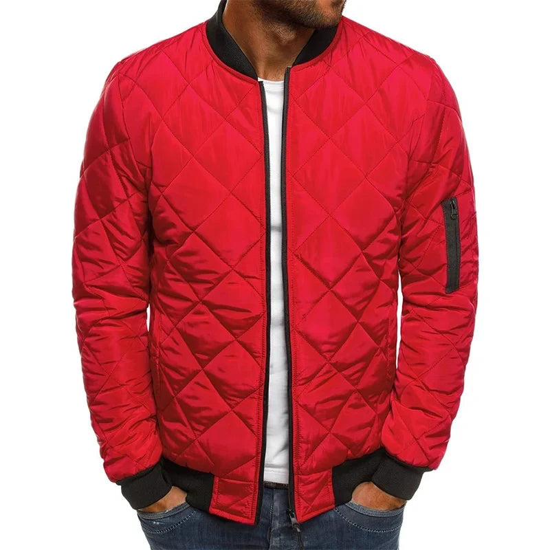 Red diamond quilted jacket for men, front view