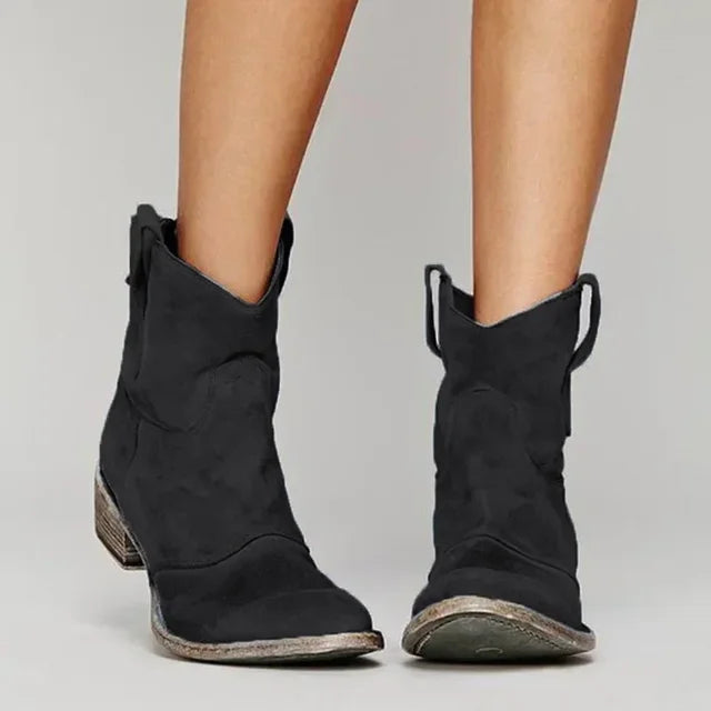 Black western ankle boots viewed from the side