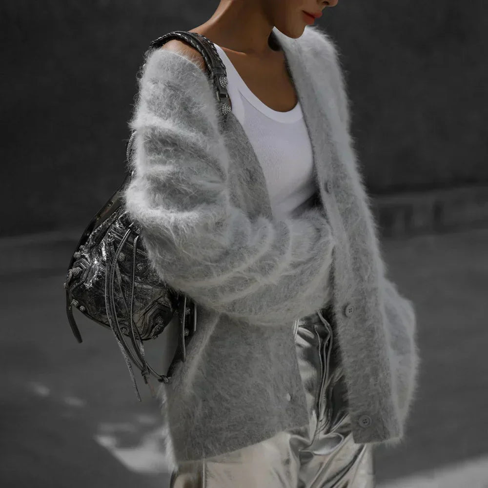 Close view of the fuzzy angora knit and the three-button front