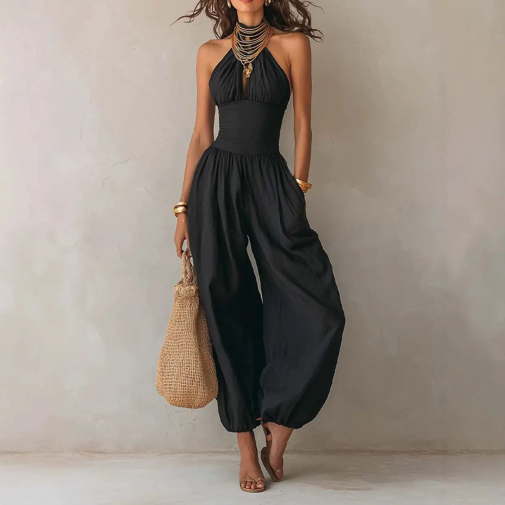 Black halter neck wide leg jumpsuit for women, full-length front view