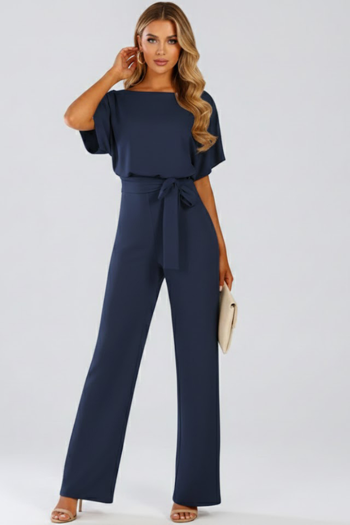 Wide Leg Jumpsuit for Women in navy blue — round neckline, full length view
