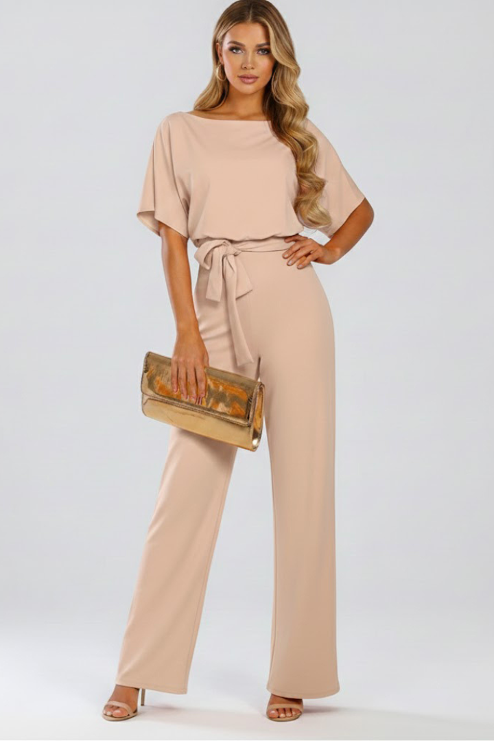 Wide Leg Jumpsuit for Women in beige — round neck with tie belt waist, full length