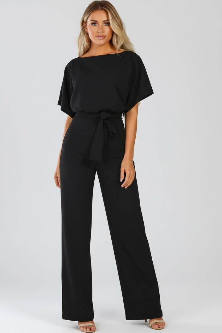 Wide Leg Jumpsuit for Women in black — short sleeve belted jumpsuit, full length