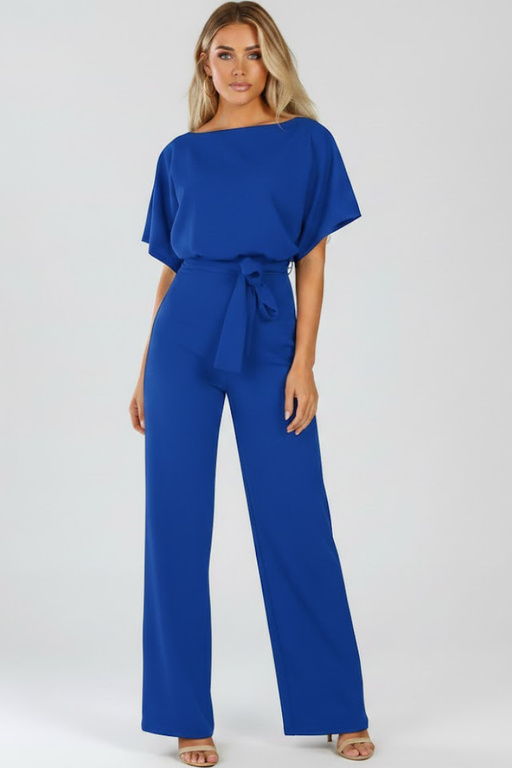 Wide Leg Jumpsuit for Women in blue — wide straight legs and self-tie belt