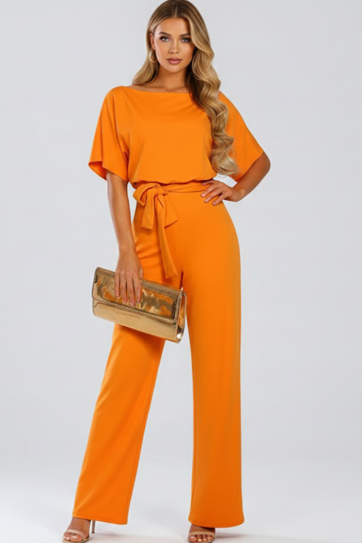 Wide Leg Jumpsuit for Women in orange — short sleeves and tie belt, full length