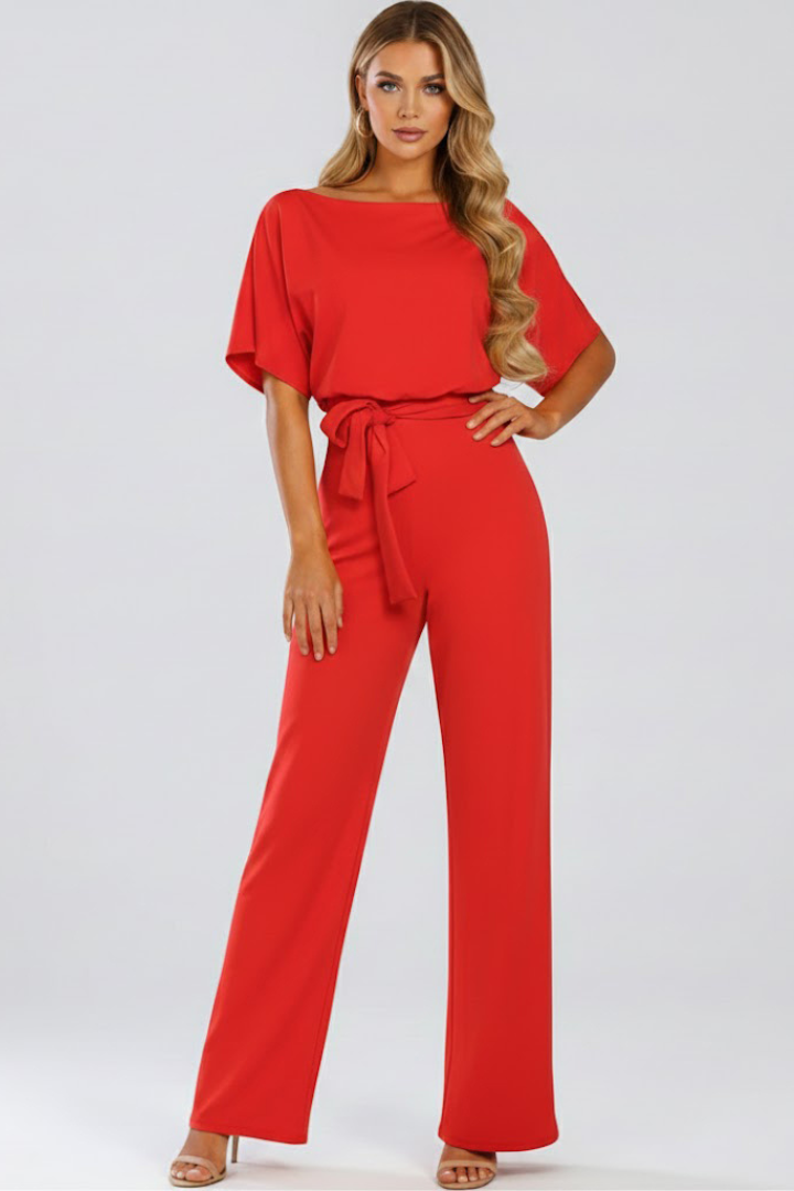 Wide Leg Jumpsuit for Women in red — belted waist and wide leg, full length