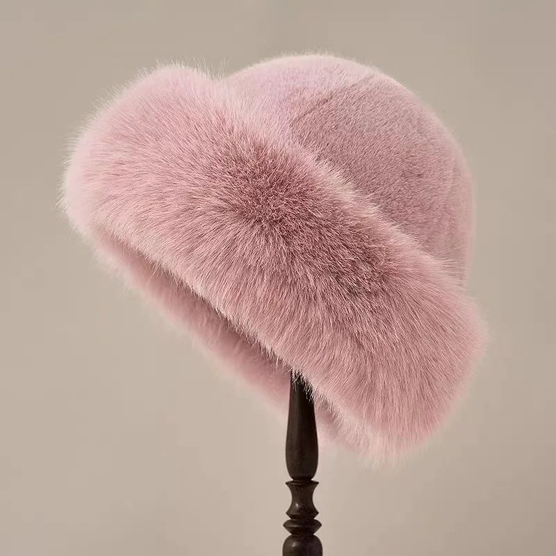 Wool winter hat for women in pink, front view of the plain knit shape