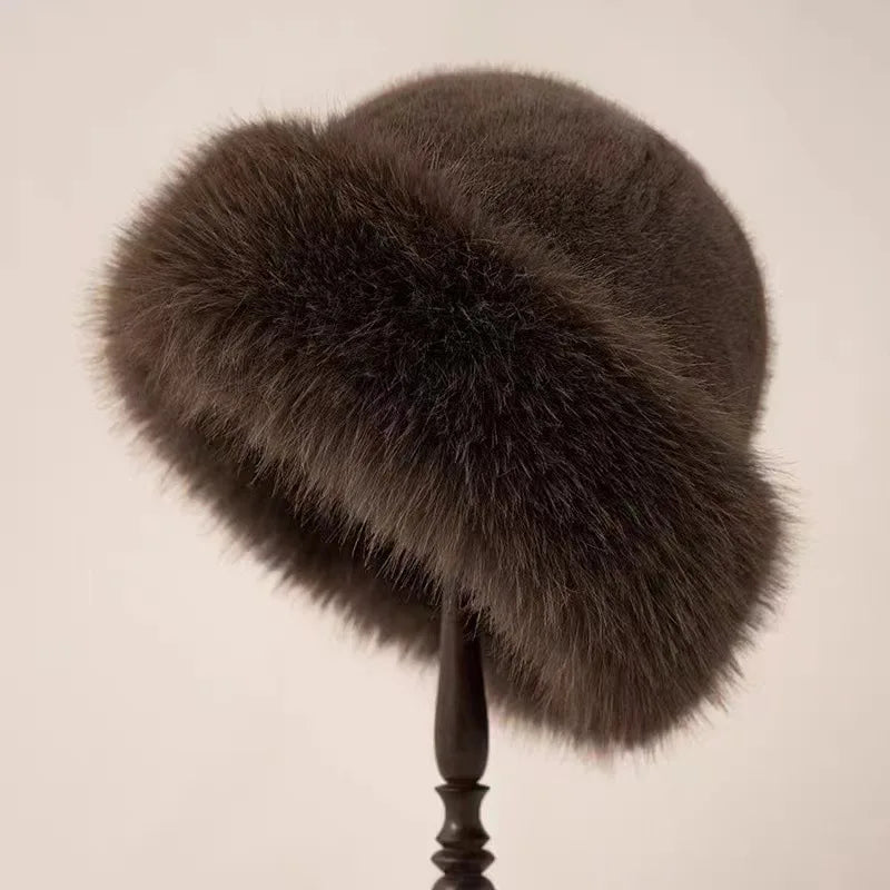 Wool winter hat for women in dark brown, side view showing the knit