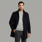 Insulated wool overcoat — worn open over a jumper