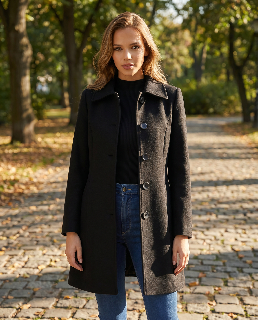 Black wool blend coat for women, front view with the single breasted front buttoned
