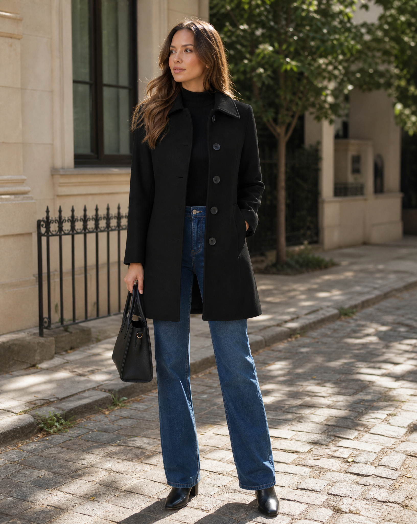 Wool blend coat for women, styled view worn over trousers